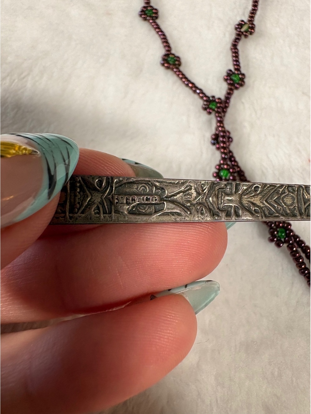 Vtg Northwest Sterling Silver Totem Pole Pendant Beaded Flower Chain Necklace